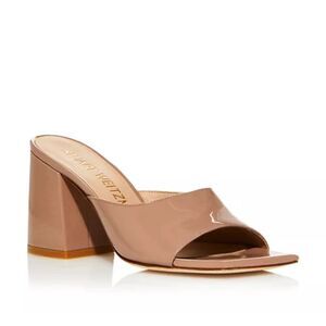 Stuart Weitzman Tia 85 Flared Block Heel Sandals Fawn Patent Leather, New Size 9